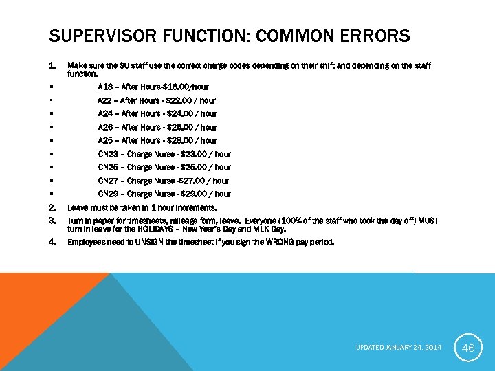 SUPERVISOR FUNCTION: COMMON ERRORS 1. Make sure the SU staff use the correct charge