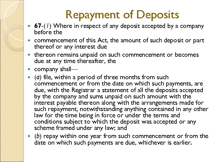 Repayment of Deposits 67 -(1) Where in respect of any deposit accepted by a