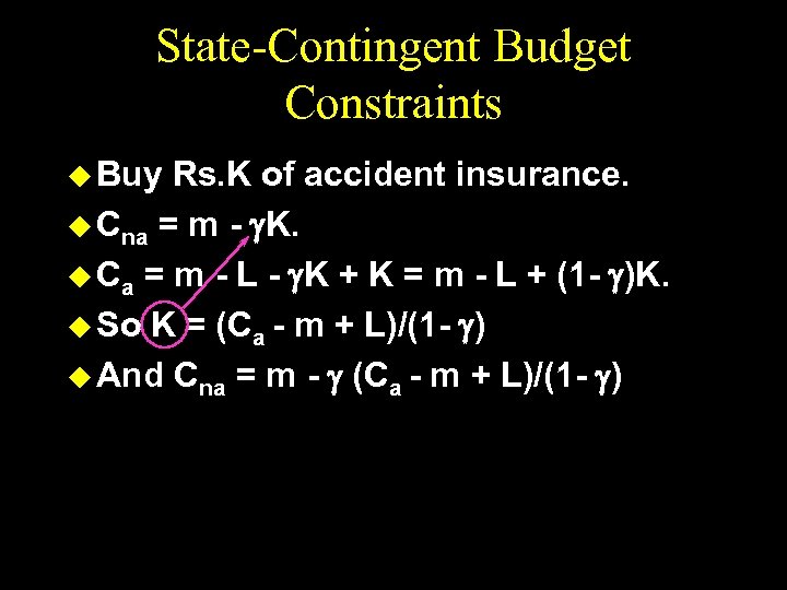 State-Contingent Budget Constraints u Buy Rs. K of accident insurance. u Cna = m