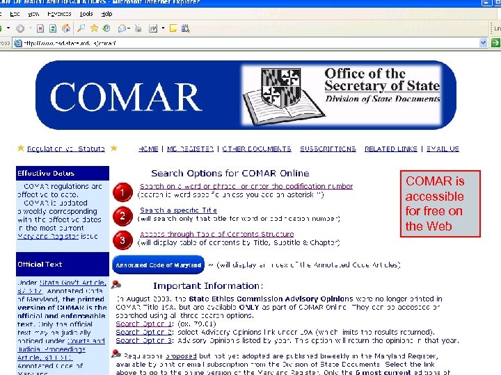 COMAR is accessible for free on the Web 