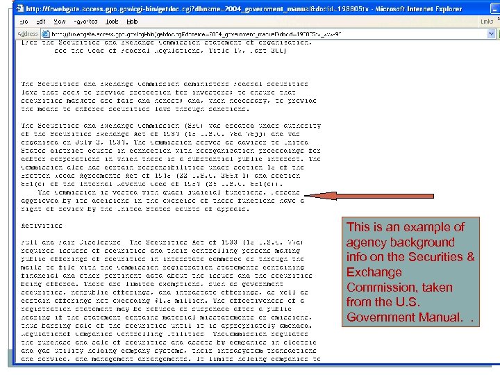 This is an example of agency background info on the Securities & Exchange Commission,