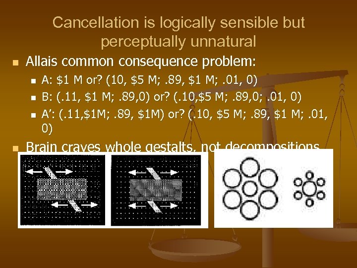 Cancellation is logically sensible but perceptually unnatural n Allais common consequence problem: n n