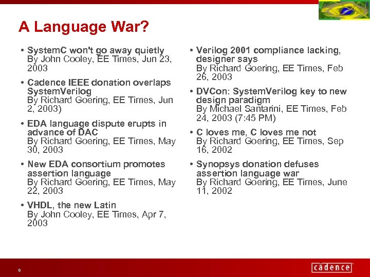 A Language War? • System. C won't go away quietly By John Cooley, EE