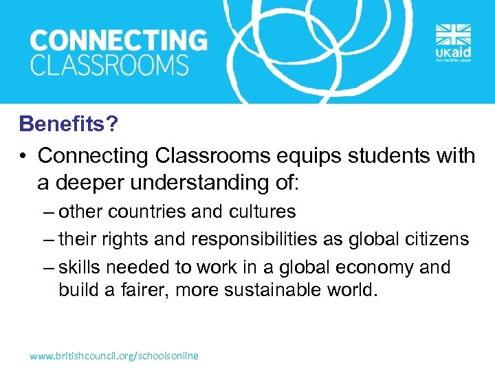 Benefits? • Connecting Classrooms equips students with a deeper understanding of: – other countries