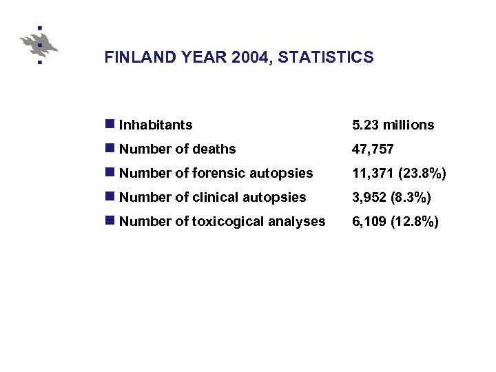 FINLAND YEAR 2004, STATISTICS n Inhabitants 5. 23 millions n Number of deaths 47,