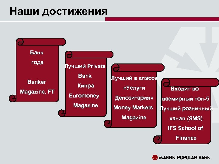 Наши достижения Банк года Banker Magazine, FT Лучший Private Bank Лучший в классе Кипра
