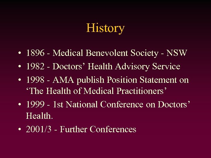 History • 1896 - Medical Benevolent Society - NSW • 1982 - Doctors’ Health