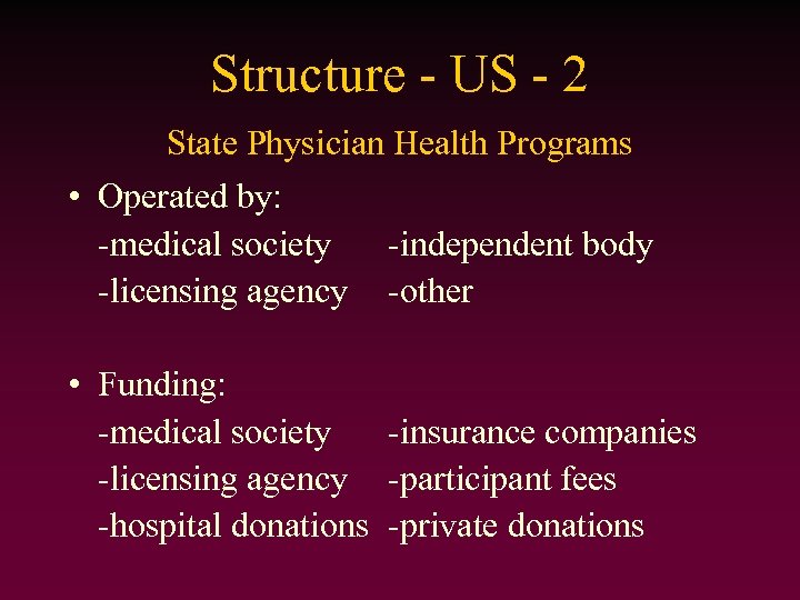 Structure - US - 2 State Physician Health Programs • Operated by: -medical society