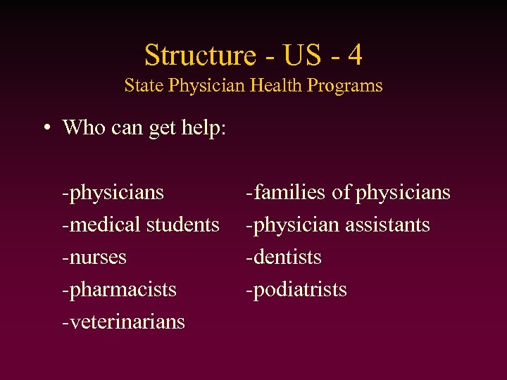 Structure - US - 4 State Physician Health Programs • Who can get help: