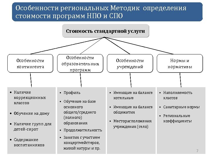 Особенности региональных Методик определения стоимости программ НПО и СПО Стоимость стандартной услуги Особенности контингента