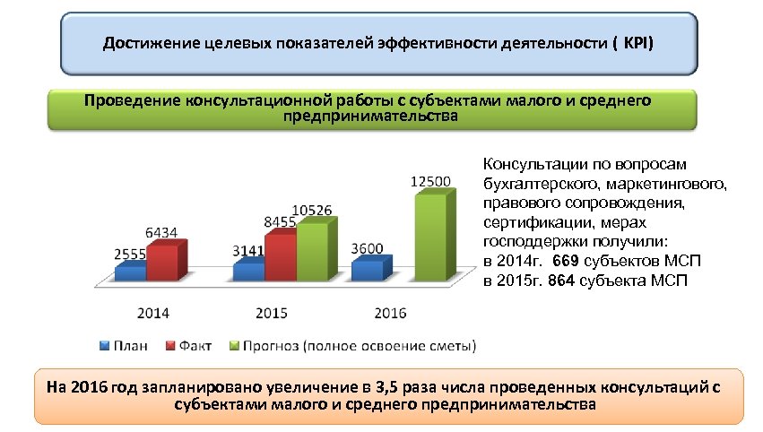 Достижение целевых показателей эффективности деятельности ( KPI) Проведение консультационной работы с субъектами малого и