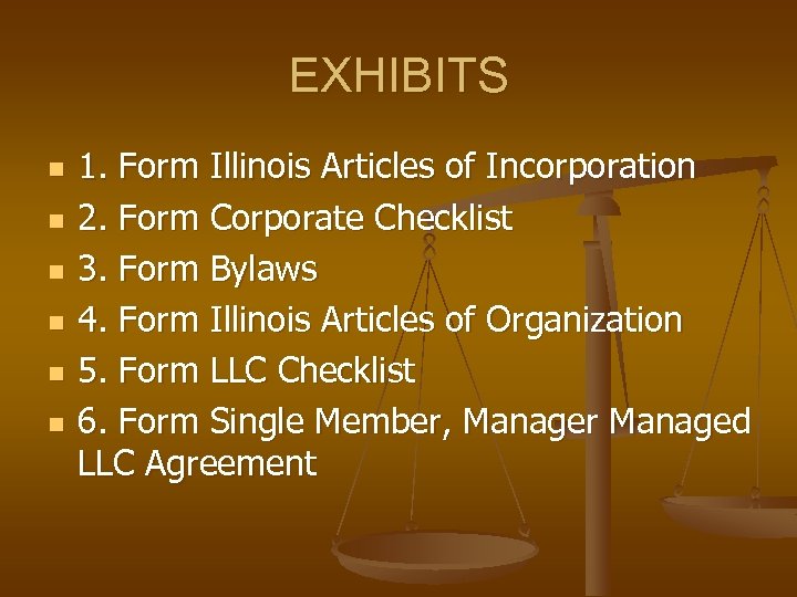 EXHIBITS n n n 1. Form Illinois Articles of Incorporation 2. Form Corporate Checklist