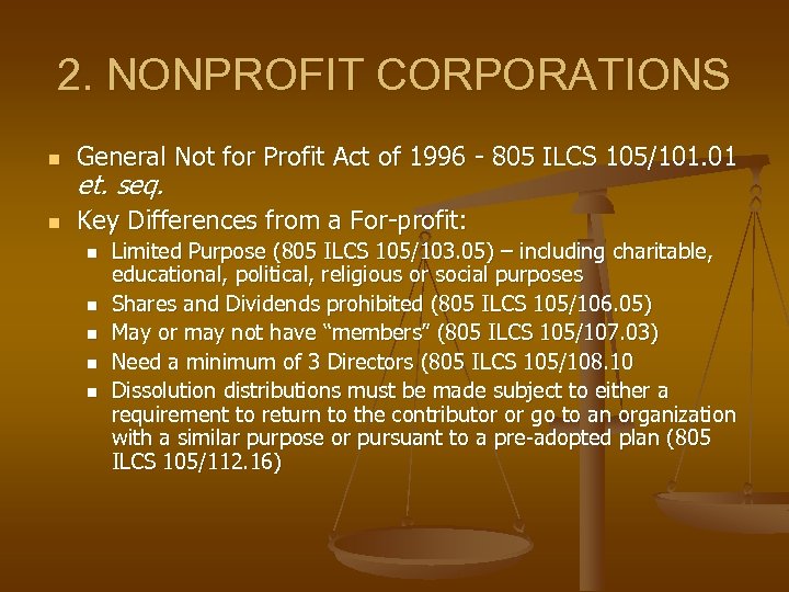 2. NONPROFIT CORPORATIONS n General Not for Profit Act of 1996 - 805 ILCS