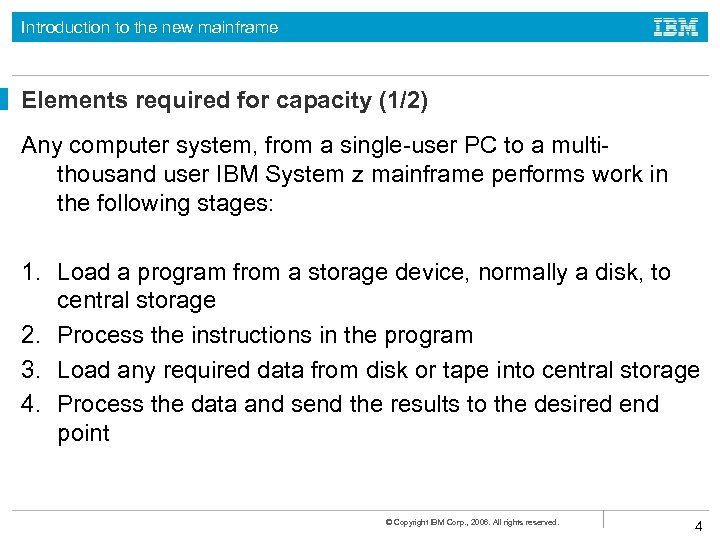 Introduction to the new mainframe Elements required for capacity (1/2) Any computer system, from