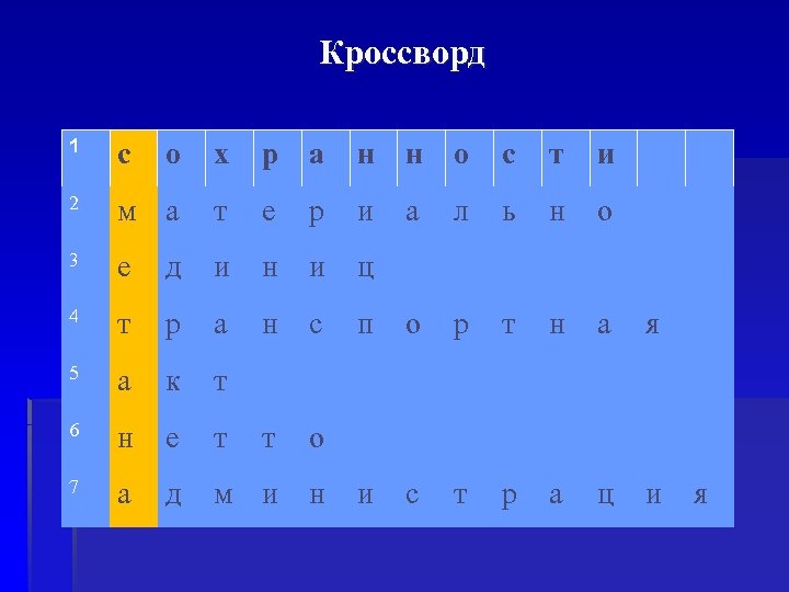 Кроссворд 1 с о х р а н н о с т и 2
