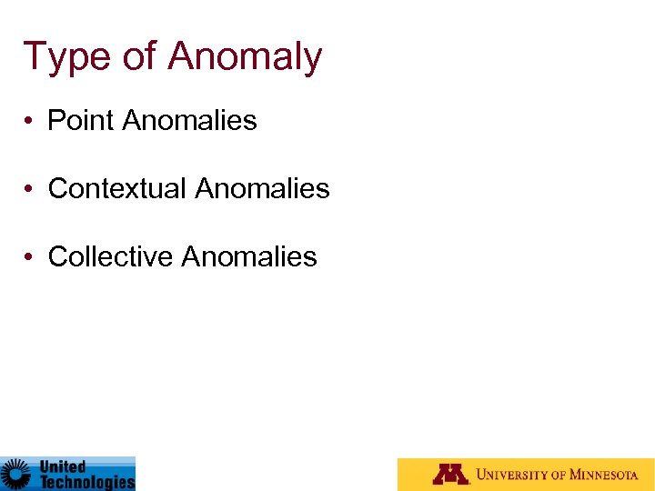 Type of Anomaly • Point Anomalies • Contextual Anomalies • Collective Anomalies 