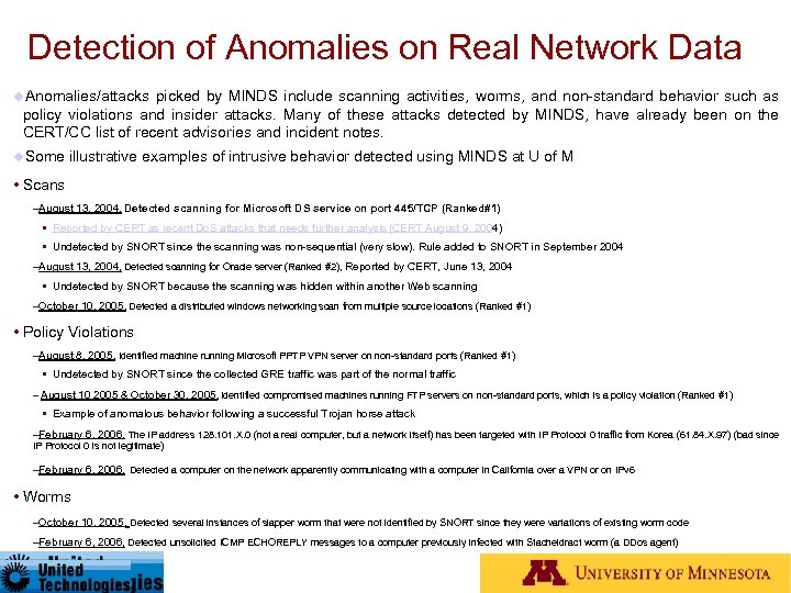 Detection of Anomalies on Real Network Data u. Anomalies/attacks picked by MINDS include scanning