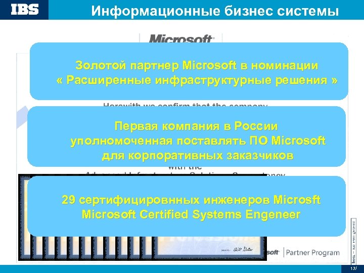 Информационные бизнес системы Золотой партнер Microsoft в номинации « Расширенные инфраструктурные решения » Первая