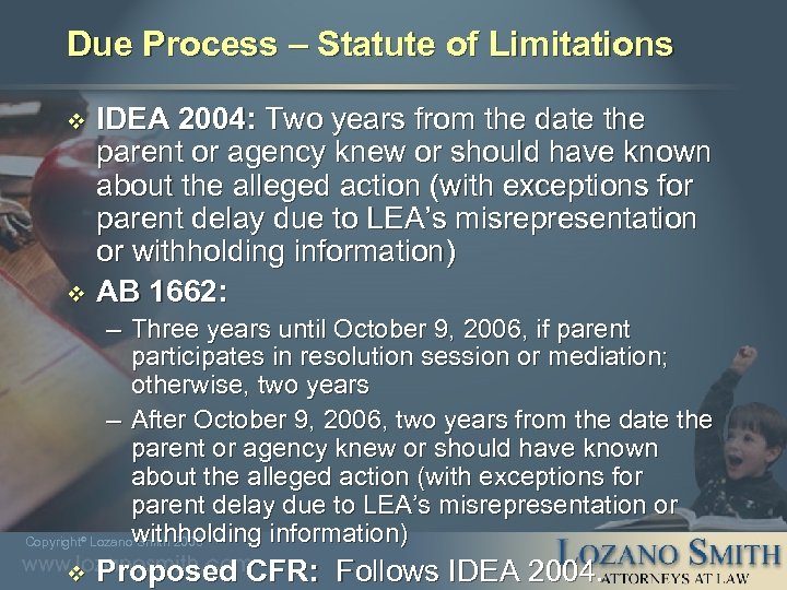 Due Process – Statute of Limitations IDEA 2004: Two years from the date the