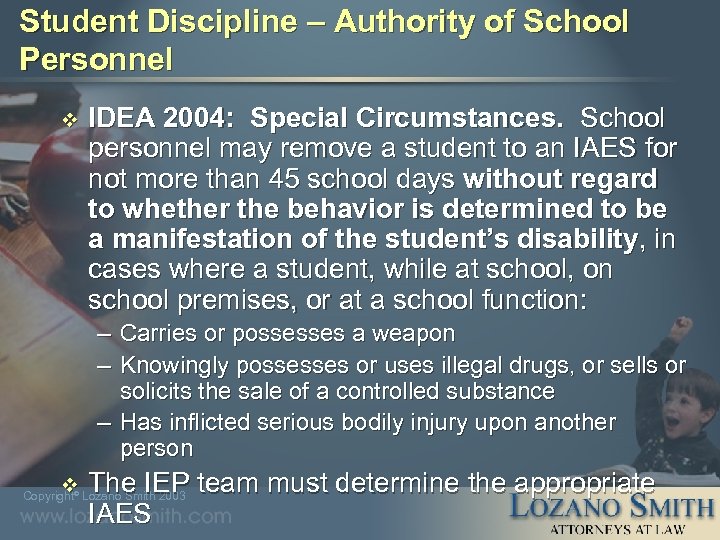 Student Discipline – Authority of School Personnel v IDEA 2004: Special Circumstances. School personnel