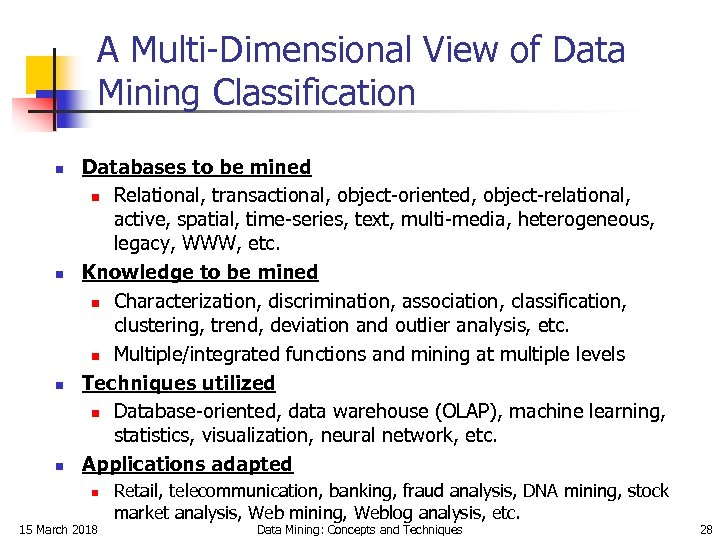 A Multi-Dimensional View of Data Mining Classification n n Databases to be mined n