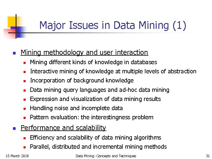 Major Issues in Data Mining (1) n Mining methodology and user interaction n n