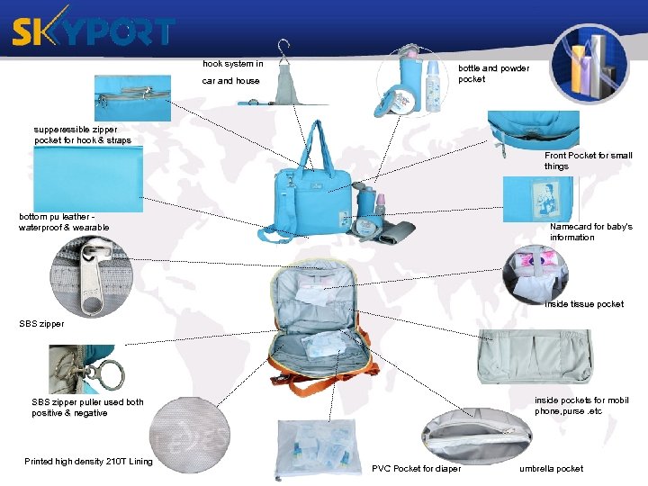 hook system in car and house bottle and powder pocket supperessible zipper pocket for