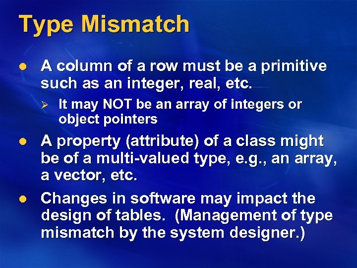 Type Mismatch l A column of a row must be a primitive such as