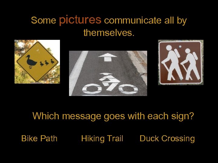 Some pictures communicate all by themselves. Which message goes with each sign? Bike Path