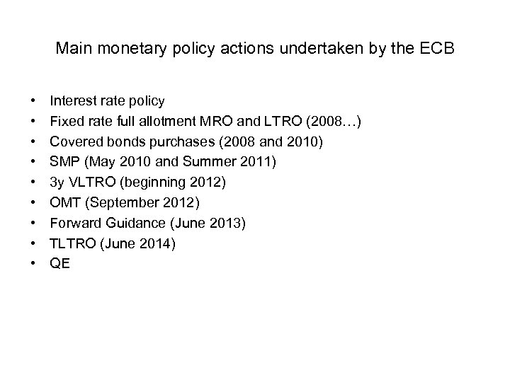 Main monetary policy actions undertaken by the ECB • • • Interest rate policy