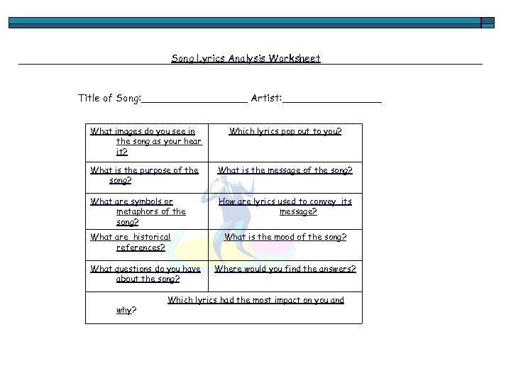 Song Lyrics Analysis Worksheet Title of Song: _________ Artist: ________ What images do you