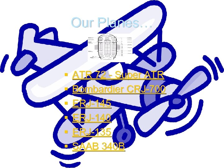 Our Planes… § § § ATR 72 - Super ATR Bombardier CRJ-700 ERJ-145 ERJ-140