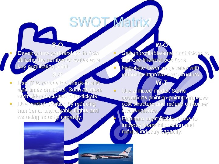 SWOT Matrix S-O § Develop new partnerships in Asia utilizing the number of routes