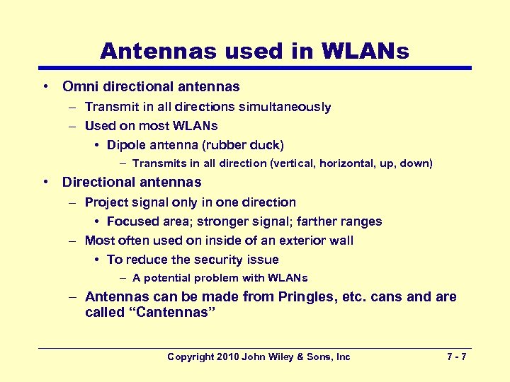 Antennas used in WLANs • Omni directional antennas – Transmit in all directions simultaneously