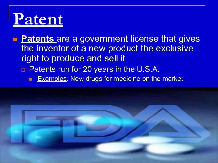 Patent n Patents are a government license that gives the inventor of a new