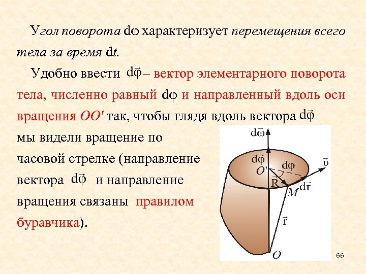 Угол поворота d характеризует перемещения всего тела за время dt. Удобно ввести – вектор