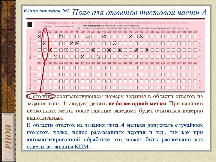 Бланк ответов № 1 Поле для ответов тестовой части А В столбце, соответствующем номеру