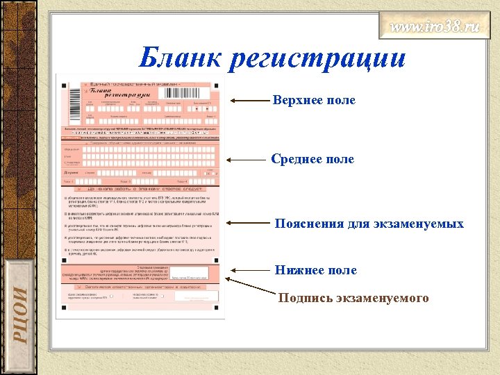 Бланк регистрации Верхнее поле Среднее поле Пояснения для экзаменуемых Нижнее поле Подпись экзаменуемого 