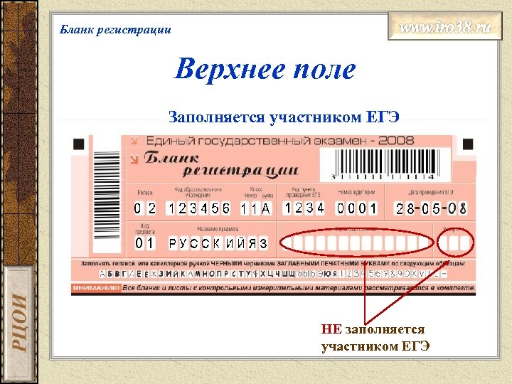 Бланк регистрации Верхнее поле Заполняется участником ЕГЭ НЕ заполняется участником ЕГЭ 