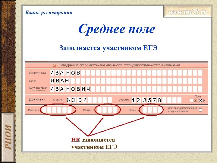 Бланк регистрации Среднее поле Заполняется участником ЕГЭ НЕ заполняется участником ЕГЭ 