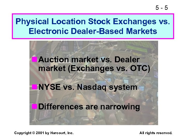 5 -5 Physical Location Stock Exchanges vs. Electronic Dealer-Based Markets n Auction market vs.