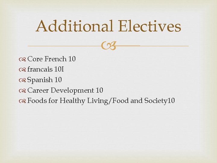 Additional Electives Core French 10 francais 10 I Spanish 10 Career Development 10 Foods