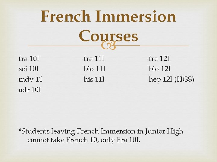 French Immersion Courses fra 10 I sci 10 I mdv 11 adr 10 I