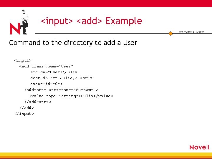 <input> <add> Example Command to the directory to add a User <input> <add class-name="User"
