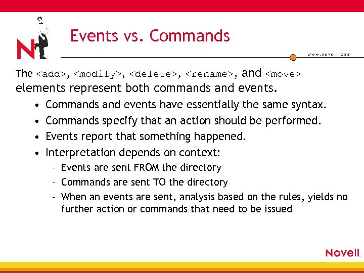 Events vs. Commands The <add>, <modify>, <delete>, <rename>, and <move> elements represent both commands
