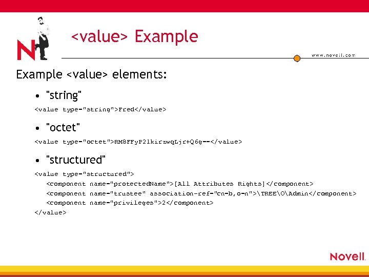 <value> Example <value> elements: • "string" <value type="string">Fred</value> • "octet" <value type="octet">RM 8 FFy.