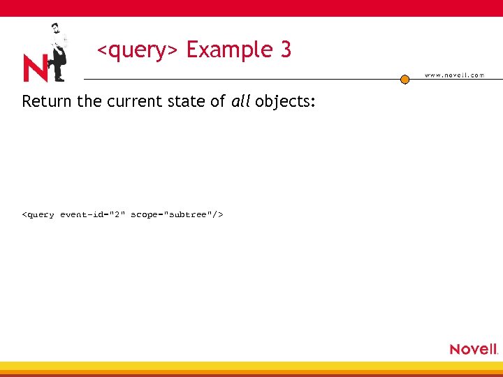 <query> Example 3 Return the current state of all objects: <query event-id="2" scope="subtree"/> 