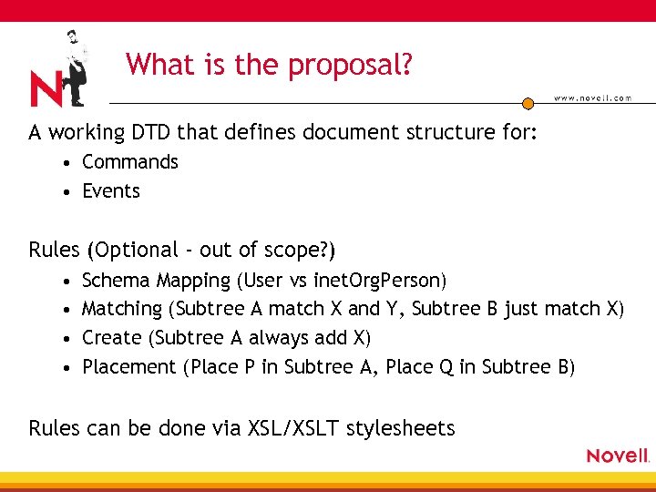 What is the proposal? A working DTD that defines document structure for: • Commands
