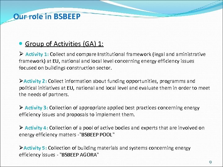 Our role in BSBEEP Group of Activities (GA) 1: Activity 1: Collect and compare