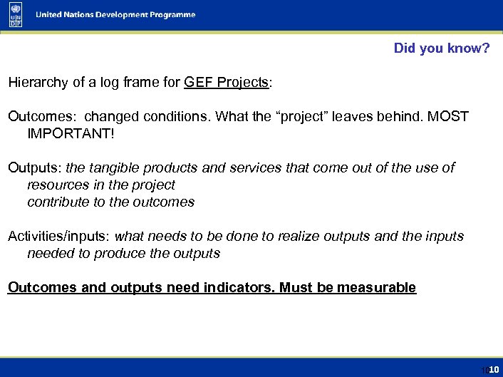 Did you know? Hierarchy of a log frame for GEF Projects: Outcomes: changed conditions.